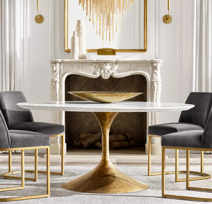 European French Style Dinning Table Chair Set Modern Indoor Restaurant Furniture Iron Based Marble Dining Chairs Tables Set